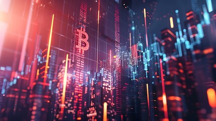 Fototapeta premium Glowing Cityscape of Digital Financial Data and Cryptocurrency Visualization