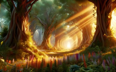 Fairytale forest with magical rays of light through the trees. Fantasy forest landscape. Unreal world. 3D render. Raster illustration.