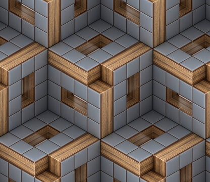 Futuristic gray cubes with wood decorative elements.