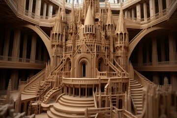 Detailed view of a grand wooden model cathedral showcasing exquisite craftsmanship
