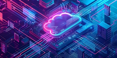 Isometric network devices in a modern data center with neon colors. Concept Isometric Design, Network Devices, Modern Data Center, Neon Colors