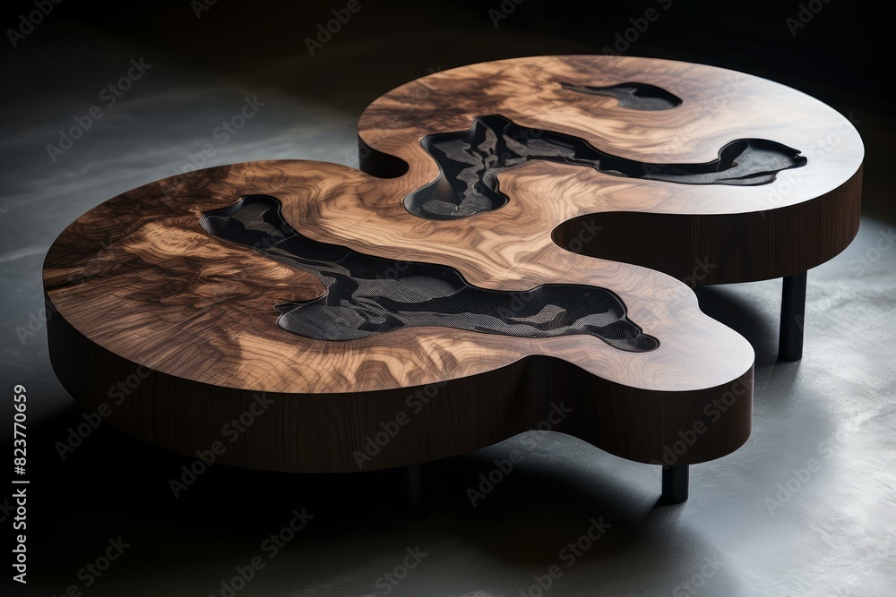 Poster designer wooden coffee table featuring a unique epoxy resin inlay, blending functionality with art