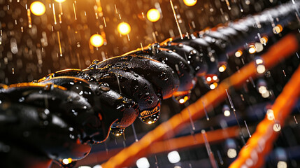 A close-up shot focusing on the tension in the boxing ring ropes, with droplets of water reflecting the arena lights, symbolizing the intensity and sweat of the fight.