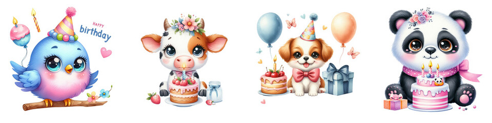 Watercolor animals with birthday cake on white background.
