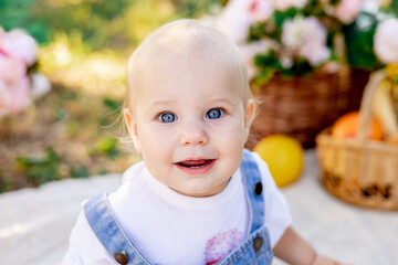 close-up portrait of a little baby girl of six months with blue eyes in summer on a lawn or green...
