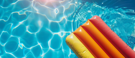 colorful inflatable air mattress in swimming pool with copy space for text