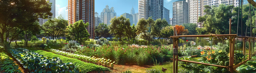Fototapeta premium Community Gardens: Focus on community gardens and urban farming initiatives, showcasing the city's commitment to sustainability and green spaces