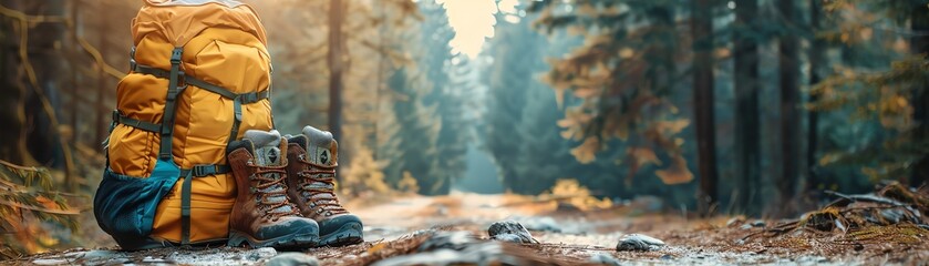 Travel backpack and hiking boots on a forest trail, signifying adventure and exploration in the wilderness during autumn.
