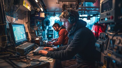 Obraz premium A team of hydrographers on a research vessel, using advanced equipment to map the ocean floor.