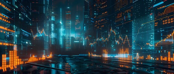 Futuristic Cityscape with Glowing Skyscrapers and Holographic Grid in Night Skyline