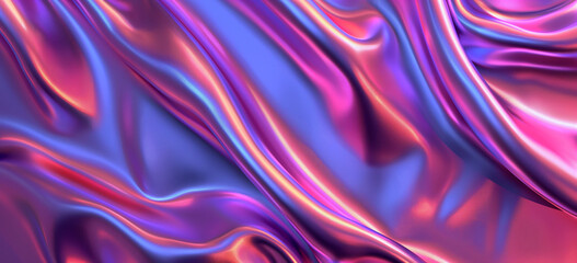 Obraz premium A vibrant background featuring a fluid, abstract design with smooth, flowing waves of silk-like material. The fabric-like surface showcases an iridescent blend of colors