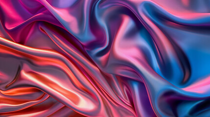 Obraz premium A vibrant background featuring a fluid, abstract design with smooth, flowing waves of silk-like material. The fabric-like surface showcases an iridescent blend of colors