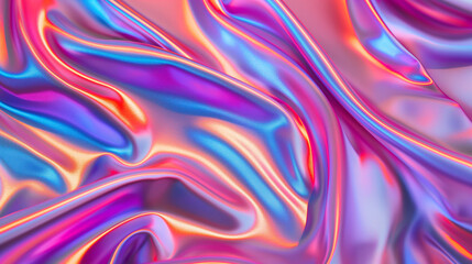 Obraz premium A vibrant background featuring a fluid, abstract design with smooth, flowing waves of silk-like material. The fabric-like surface showcases an iridescent blend of colors