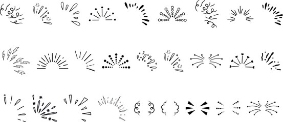Doodle line sparkles and rays. Hand drawn explosion lines confetti, sun burst, decorative effect surprise elements. Sketch comic celebrating splash and sign. Vector	