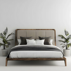 Calming, Tranquil, neutral, modern minimalist style bed on white background cutout