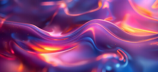 A vibrant background featuring a fluid, abstract design with smooth, flowing waves of silk-like material. The fabric-like surface showcases an iridescent blend of colors