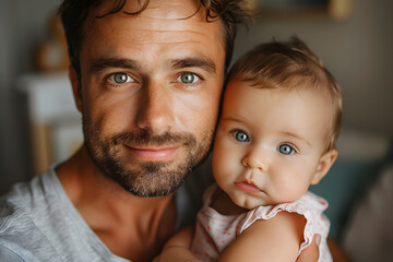 Happy smiling man father plays with daughter or son child. Caring father hugs his baby tenderly. Father's Day or Children's Day concept