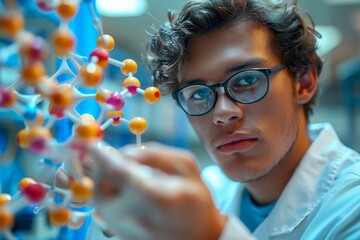 A young Scientist in a white coat holds the structure of molecules and studies it. The scientific concept
