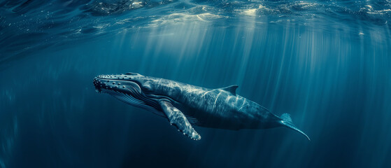 Obraz premium A lone whale swimming through the open ocean, its journey a solitary pilgrimage through the vastness of the sea