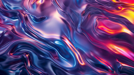 Fototapeta premium A vibrant abstract image with swirling, fluid patterns of glossy metallic hues like reds, purples, blues, and yellows. The smooth, wavy texture resembles liquid metal, perfect for themes of art, desig