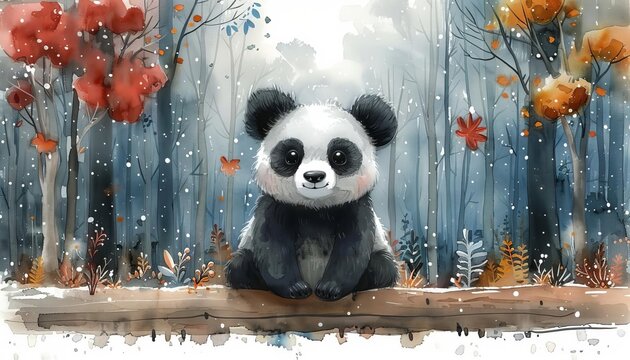 Watercolor illustration of a playful panda with rainbowcolored balloons, clipart
