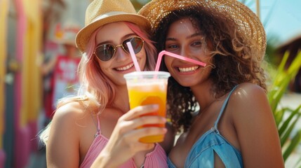Two women are smiling and holding cups of orange juice