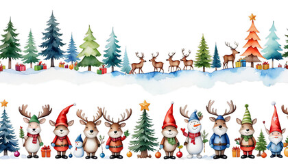 gnomes funny mooses white horizontal watercolor seamless border snowmen trees background christmas cartoon snowman gnome scandinavian elk moose nordic pine tree elf pattern forest dwarf banner