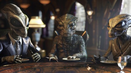 Three aliens, dressed in business attire, are seated around a table in an elaborate meeting room, engaging in discussion.