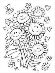 Vector black and white coloring sheet with hand drawn smiley face flower bouquet illustration with hearts and curvy stars. Suitable kids coloring activity.