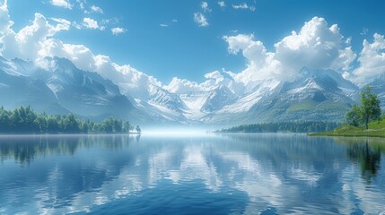 Fototapeta premium A tranquil mountain lake, surrounded by minimalistic landscape, great for promoting peaceful retreats or nature-focused vacations