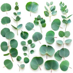 Fresh eucalyptus leaves set isolated, eucalyptus twigs, leaf, branches collection, decorative foliage
