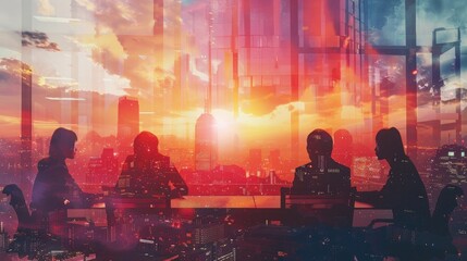 Silhouettes of business people in meeting at office with double exposure cityscape background. Concept for company, brainstorming and collaboration. high detail, hyper realistic photo watercolor