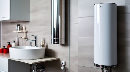 Water heater in a modern bathroom with mirror and washbasin sink 