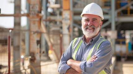 An elderly engineer with a beard and mustache on his face, 
stands and smiles, arms crossed over his chest, at a construction site.
