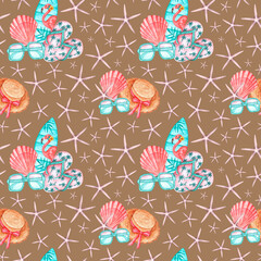 Beach vacation watercolor seamless pattern. Summer holiday. Sea trip. Exotic, south. Shell, starfish, flip-flops, surfboard, straw hat, sunglasses. Brown background. For printing on fabric, textiles