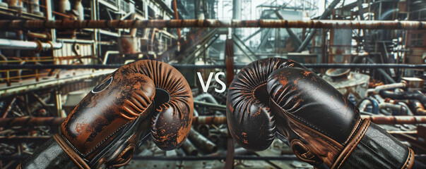 Boxing gloves with a rusted metal texture and a shiny new metal finish, "VS" letters depicting old versus new, against a backdrop of a metal scrapyard and a new factory.