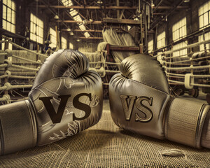 Boxing gloves with a silk and burlap texture, with "VS" letters contrasting luxury and simplicity, set against a backdrop of a silk weaving factory and a burlap sack workshop.