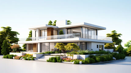3d rendered illustration of a modern 2 story house with with white background