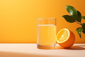 Glass orange on a pastel yellow background, depicting freshness selective focus, concept of vitality, vibrant, composite, bright kitchen backdrop