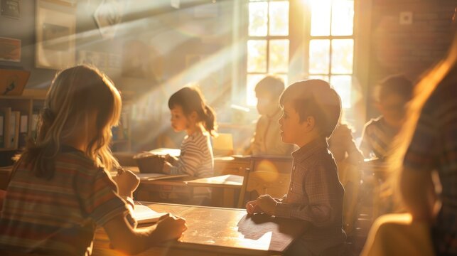 Children participating in a Bible study class inside a classroom, engaged and interacting, with sunlight streaming through the window. , natural light, soft shadows, with copy spac