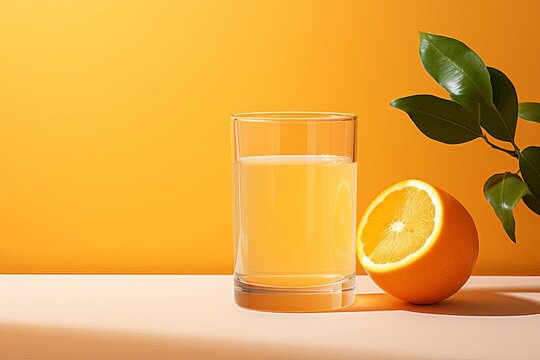 Glass orange on a pastel yellow background, depicting freshness selective focus, concept of vitality, vibrant, composite, bright kitchen backdrop