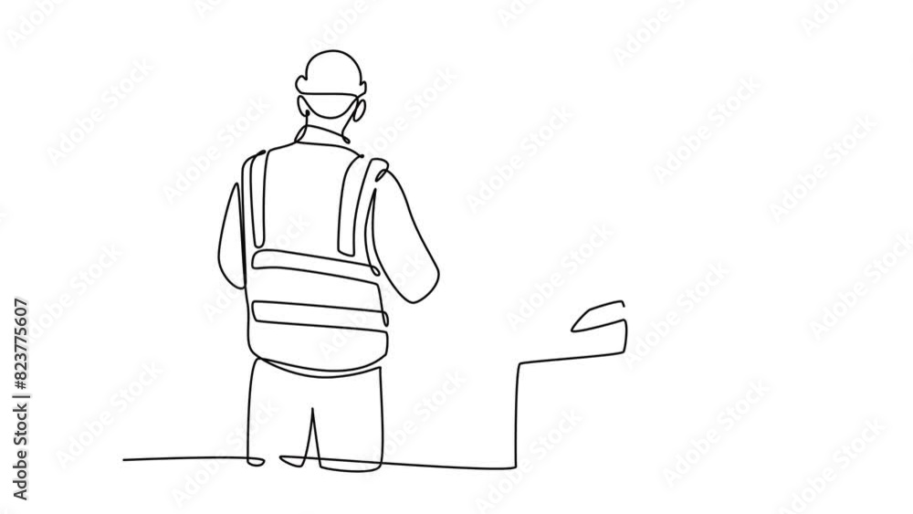 Aufkleber animated self drawing continuous line draw young foreman construction builder meeting with business 