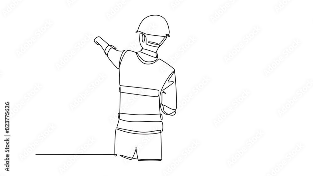 Poster animated self drawing of continuous line draw active young company manager presenting proposal const