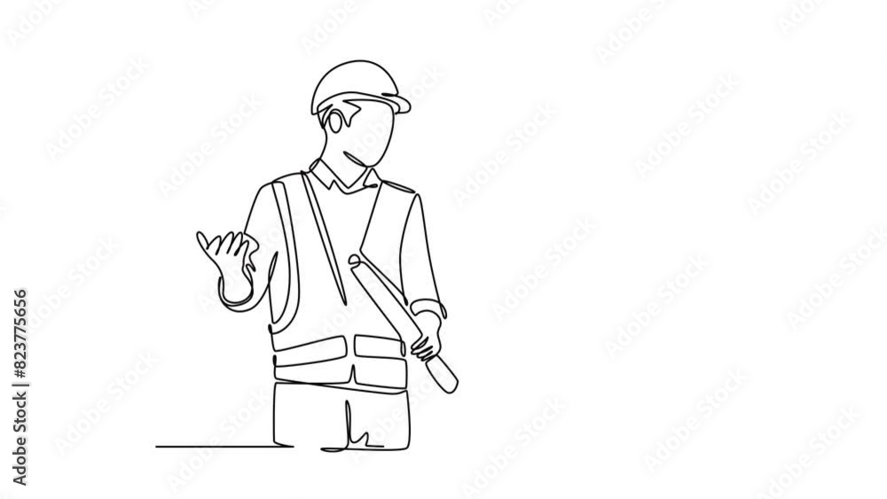Aufkleber animated self drawing of continuous line draw attractive young construction manager giving instructi