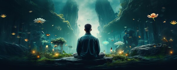 Person meditating in nature, representing peace and mindfulness focus on, theme of calmness, surreal, double exposure, forest backdrop