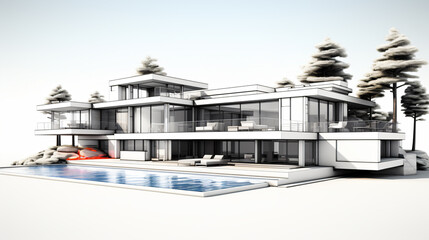 3d rendered illustration of a modern 2 story house with with white background