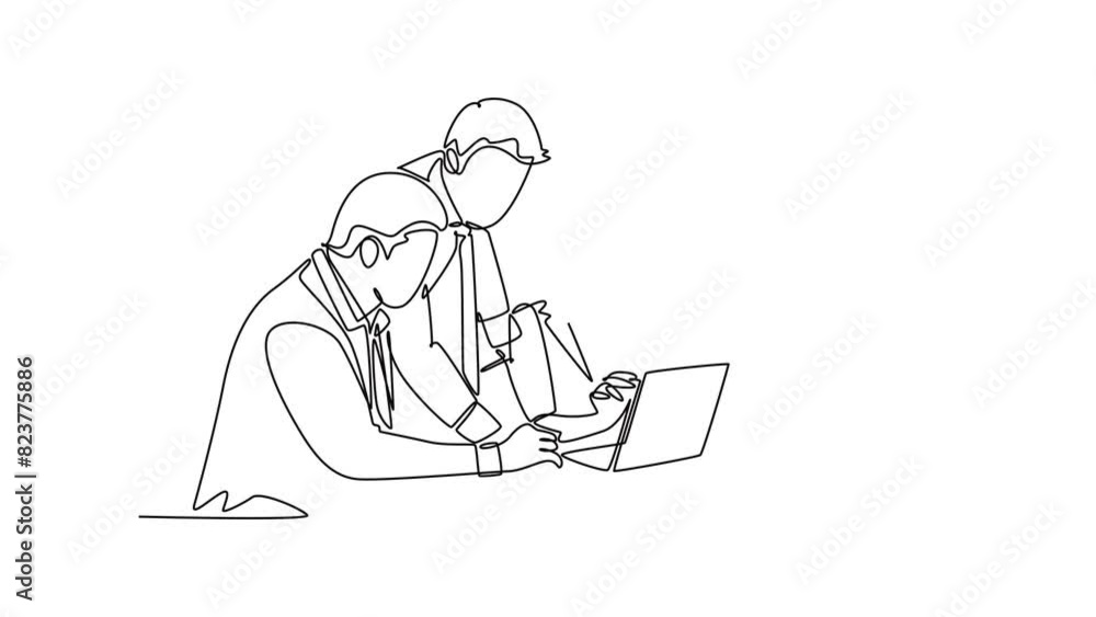 Aufkleber animated self drawing of continuous line draw of young business man and business woman discussing pr
