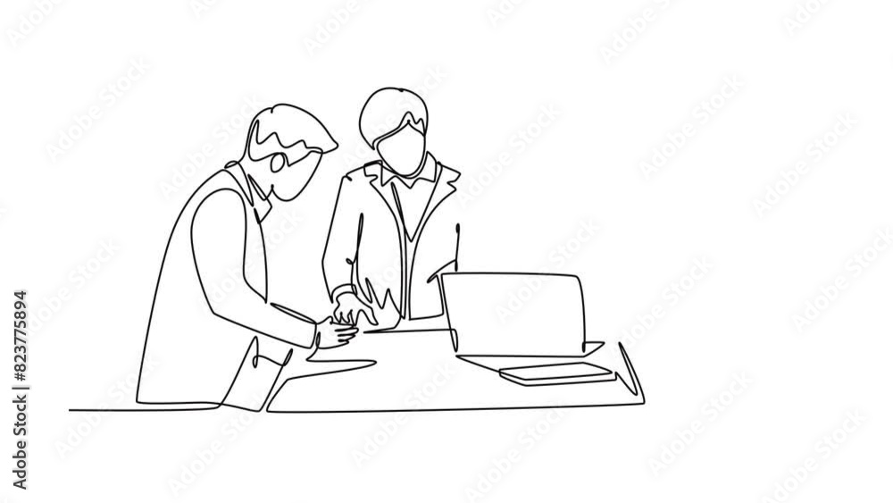 Aufkleber animated self drawing of continuous line draw of young happy startup workers facing laptop computer 