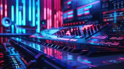AI creating music in a modern digital studio, innovative composition, digital tone, Analogous Color Scheme, side view, improving musical techniques