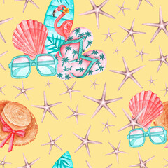 Beach holiday watercolor seamless pattern. Summer vacation. Sea voyage. Exotic, south. Shell, starfish, flip-flops, surfboard, straw hat, sunglasses. Yellow background. For printing on fabric, textile